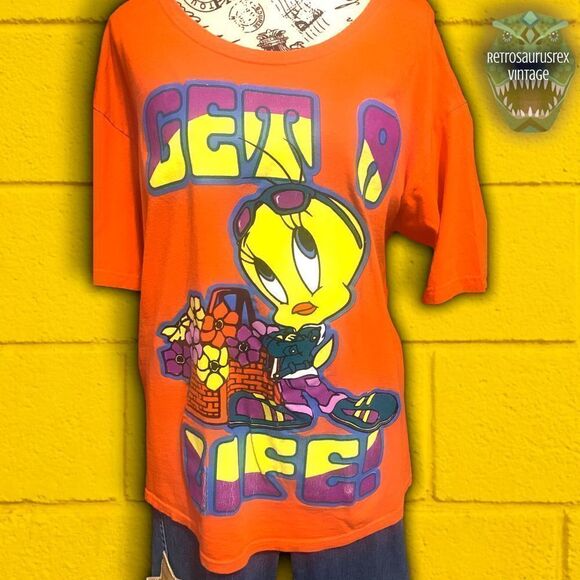 Vintage 1990’s Kidcore Tweety Bird Get A Life Looney Tunes Oversized Graphic Shi - Picture 2 of 8